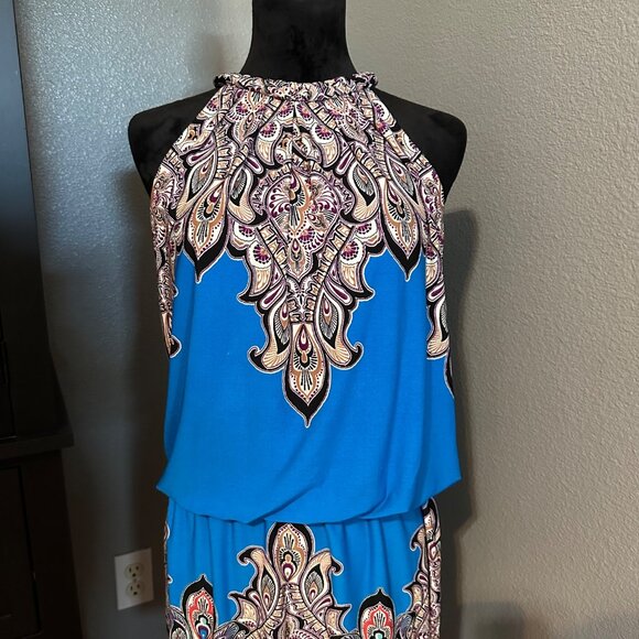 Maggy L Blue Paisley Halter Dress Size 6 Sleeveless Keyhole Back Boho Cocktail - Picture 2 of 8